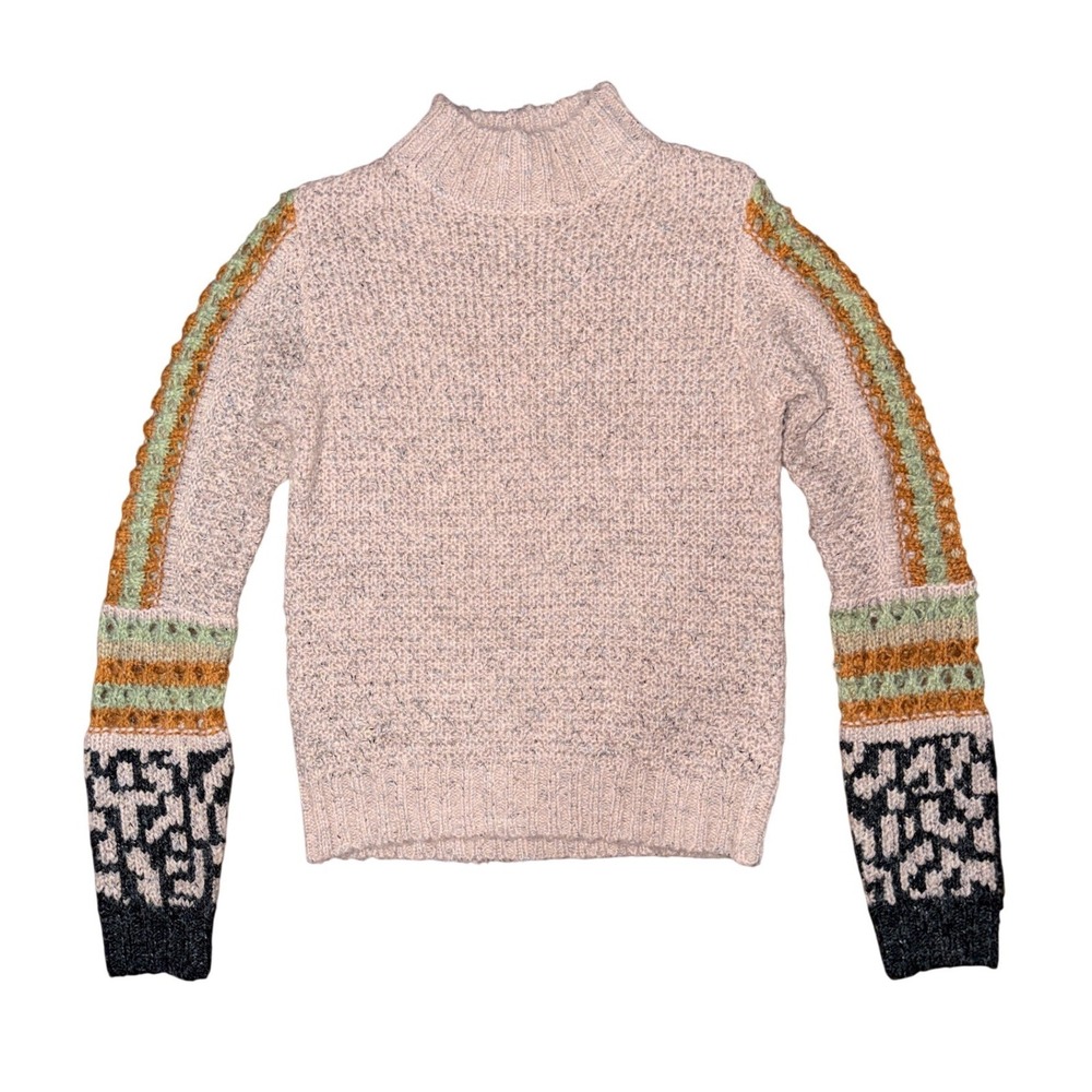 Mystree Mock Neck Crochet Leopard Sleeve Knit Sweater Boho Whimsy Cottagecore